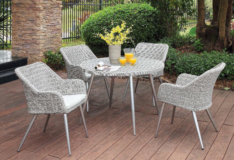 Shivani Cm-ot1866-rt Round Patio Dining Table With Contemporary Style Plank Style Design Light Gray Fabric Cushions In