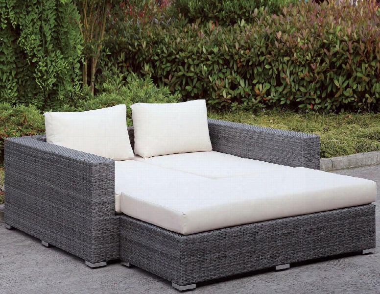 Somani Collection Cm-os2128-set225 Outdoor Patio Daybed With 2 Armless Chairs Loveseat Bench Ivory Fabric Cushions Water Resistant And Wicker Construction