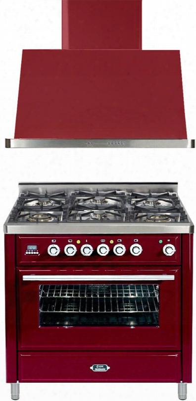 2-piece Burgundy Kitchen Package With Umt906dmprb 36" Freestanding Dual Fuel Range (6 Burners Infrared Grill Baking Timer) And Uam90rb 36" Wall Embellish Range