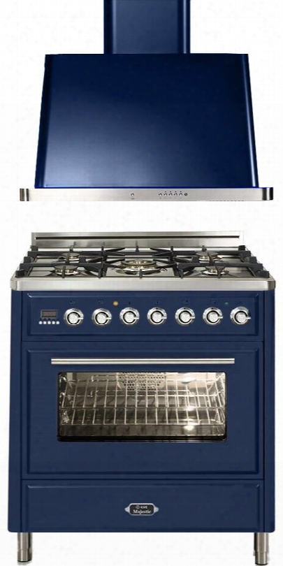 2-piece Midnight Blue Kitchen Package With Umt76dmpbl 30" Freestanding Dual Fuel Range (5 Burners Infrared Grill Baking Timer) And Uam76bl 30" Wall Mount