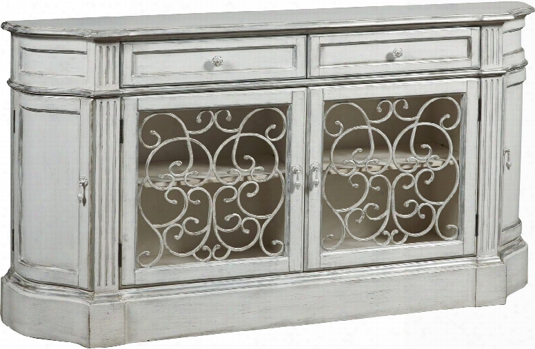 806033 62" Metal Grille Door Credenza Including Four Doors With Decorative Hardware And Distressed Detailing In