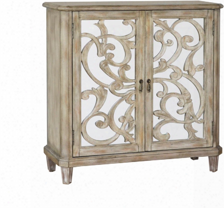 806054 48" Finesse Metallic Grille Mirrored Two Door Console With Distressed Detailing Simple Pulls And Tapered Legs In