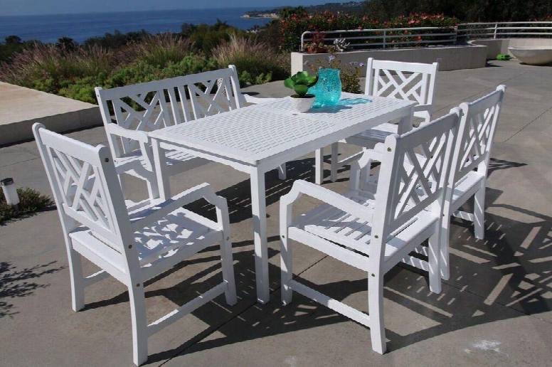 Bradley V1336set23 6 Pc Outdoor Dining Set With 1 Rectangle Table 1 Bench 4 Arm Chairs Water Resistant Umbrella Hole And Acacia Hardwood Construction In