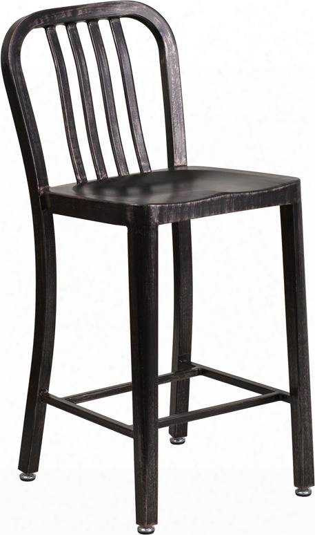 Ch-61200-24-bq-gg 24" High Metal Indoor-outdoor Barstool With Vertical Slat Back Galvanized Steel Construction And Adjustable Floor Glides In Black-antique