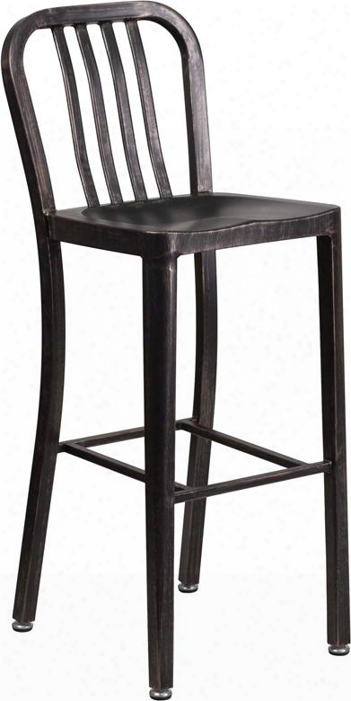 Ch-61200-30-bq-gg 30" High Metal Indoor-outdoor Barstool With Vertical Slat Back Galvanized Steel Construction And Adjustable Floor Glides In Black-antique