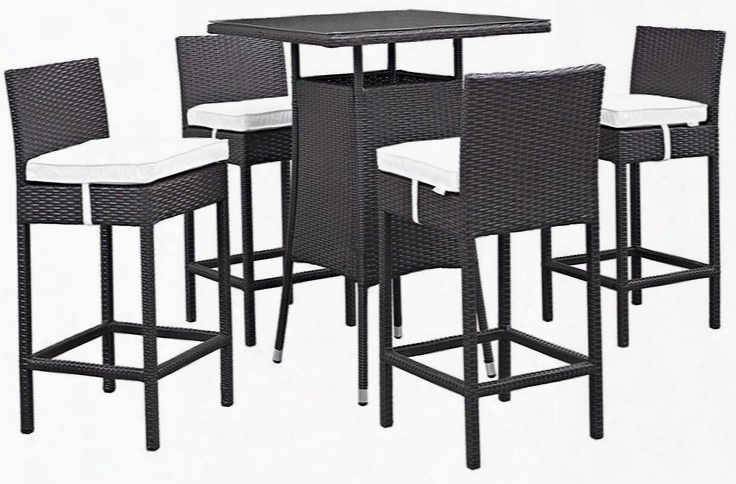 Convene Collection Eei-1963-exp-whi-set 5 Pc Outdoor Patio Pub Set With 4 Bar Stools Square Glass Top Table Powder Coated Aluminum Frame And Synthetic Rattan