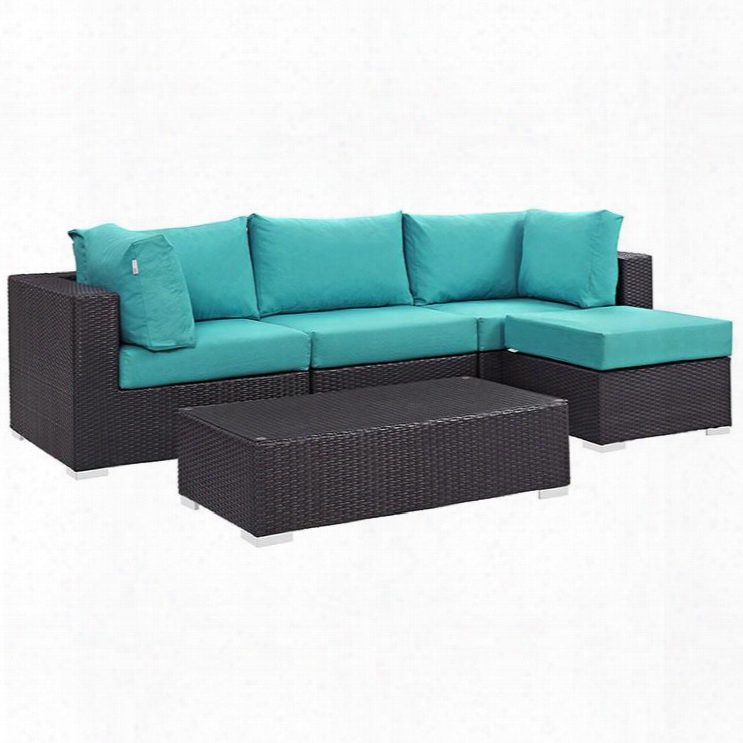 Convene Collection Eei-2172-exp-trq-set 5 Pc Outdoor Patio Sectional Set With Powder Coated Aluminum Frame Washable Cushion Covers And Synthetic Rattan Weave