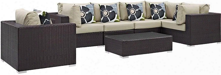 Convene Collection Eei-2350-exp-bei-set 7 Pc Outdoor Patio Sectional Set With 3 Armchairs 1 Corner Chair 2 Armless Chairs 1 Glass Top Coffee Table