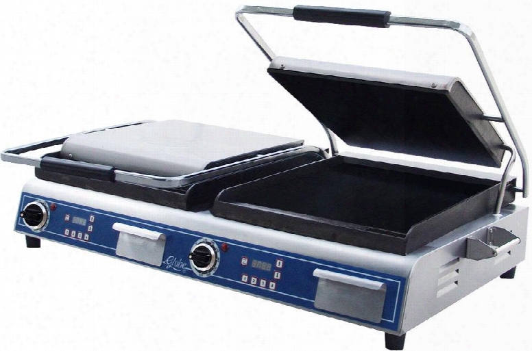 Gsgdue14d Deluxe Double Sandwich Grill With Smooth Plates 14" X 14" Surface Size Removable Catch Tray And Non-skid Rubber Feet In Stainless