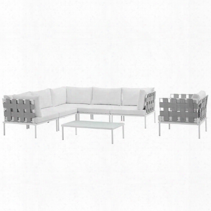 Harmony Collection Eei-2620-whi-whi-set 7-piece Outdoor Patio Aluminum Sectional Sofa Set With Armchair Coffee Table 3 Corner Sofas And 2 Armless Chairs In