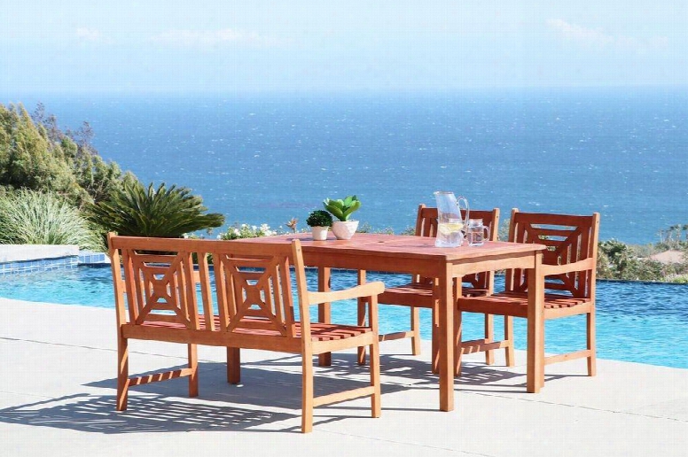 Malibu V98set51 4 Pc Outdoor Dining Set With Rectangle Table 1 Bench 2 Armchairs Water Resistant And Eucalyptus Hardwood Construction In Natural Wood