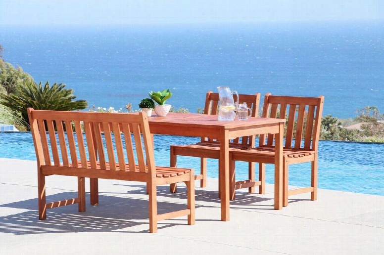 Malibu V98set59 4 Pc Outdoor Dining Set With Rectangle Table Bench 2 Armless Chairs Water Resistant Umbrella Hole And Eucalyptus Hardwood Construction In