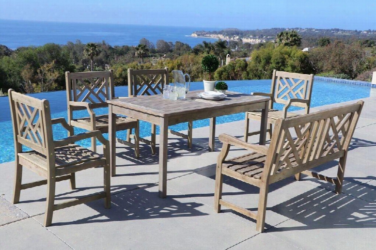 Renaissance V1297set19 6 Pc Outdoor Dining Set With Rectangle Table 4-foot Bench 4 Armchairs Acacia And Hand-scraped Hardwood Materials In Grey