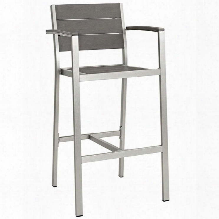 Shore Collection Eei-2254-slv-gry 21" Outdoor Patio Bar Stool With Anodized Aluminum Frame Plastic Wood Accent Paneling And Stretchers In Silver And