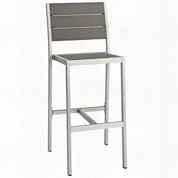 Shore Collection Eei-2255-slv-gry 23" Outdoor Patio Armless Bar Stool With Anodized Aluminum Frame Plastic Wood Accent Paneling And Stretchers In Silver And