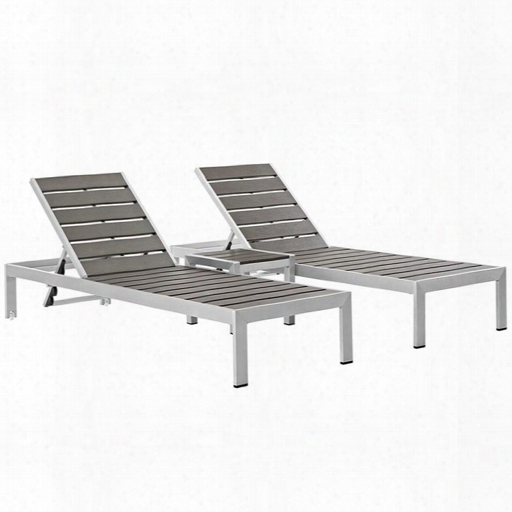 Shore Collection Eei-2466-slv-gry-set 3 Pc Outdoor Patio Chaise Set With Adjustable Height Plastic Wood Accent Paneling Dual Wheels And Anodized Aluminum
