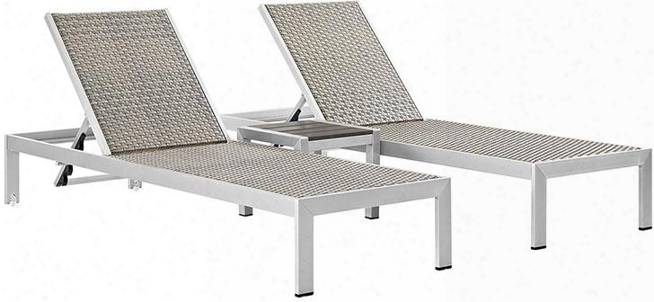 Shore Collection Eei-2476-slv-gry-set 3 Pc Outdoor Patio Set With 5 Adjustable Positions Dual Casters Plastic Wood Accent Pvc Rattan Weave Material And