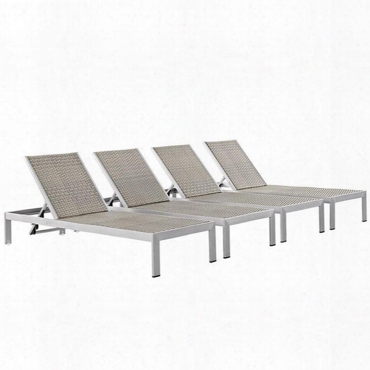 Shore Collection Eei-2478-slv-gry-set Set Of (4) 76" Outdoor Patio Aluminum Chaise With Pvc Rattan Weave Anodized Aluminum Frame And Dual Wheels In Silver And