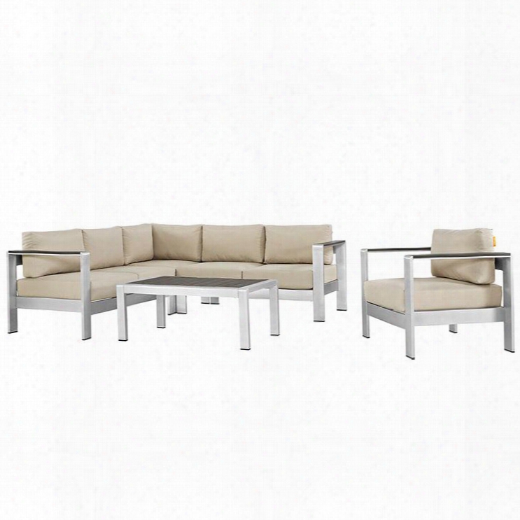 Shore Collection Eei-2560-slv-bei 5 Pc Outdoor Patio Sectional Sofa Set With All-weather Canvas Cushions Anodized Aluminum Frame Non-marking Foot Caps And