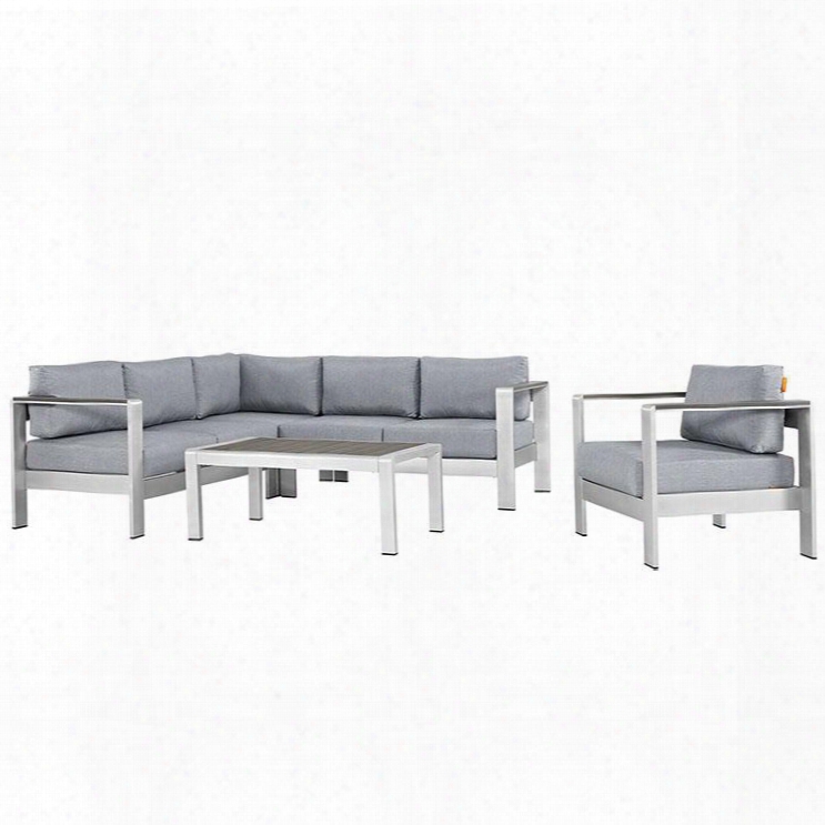 Shore Collection Eei-2560-slv-gry 5 Pc Outdoor Patio Sectional Sofa Set With All-weather Canvas Cushions Anodized Aluminum Frame Non-marking Foot Caps And