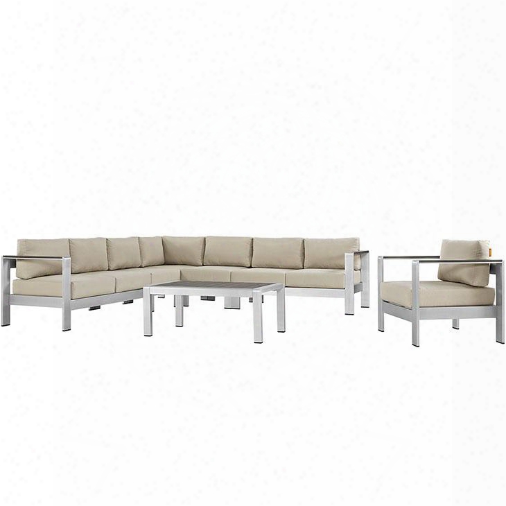 Shore Collection Eei-z562-slv-bei 7 Pc Outdoor Patio Sectional Sofa Set With All-weather Canvas Cushions Anodized Aluminum Frame Non-marking Foot Caps And