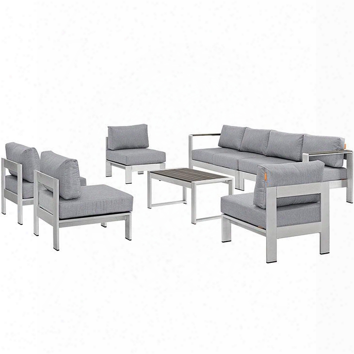 Shore Collection Eei-2566-slv-gry 7 Pc Outdoor Patio Sectional Sofa Set With All-weather Canvas Cushions Anodized Aluminum Frame Non-marking Foot Caps A Nd