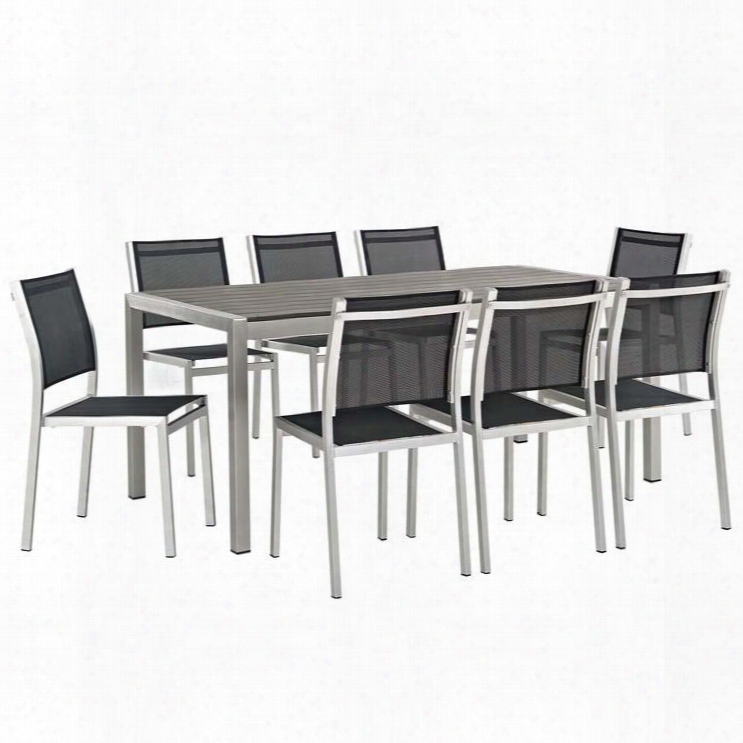 Shore Collection Eei-2583-slv-blk-set 9-piece Outdoor Patio Aluminum Dining Set With 8 Side Chairs And Dining Table