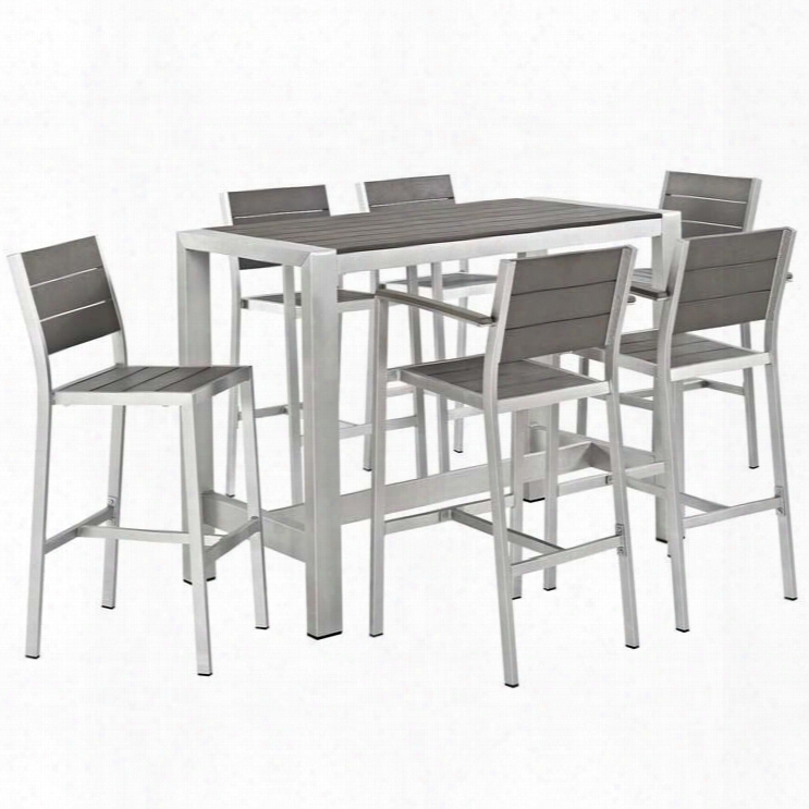 Shore Collection Eei-2587-slv-gry-set 7-piece Outdoor Patio Aluminum Dining Set With Bar Table 4 Bar Stools And 2 Armless Bar Stools In Silver And