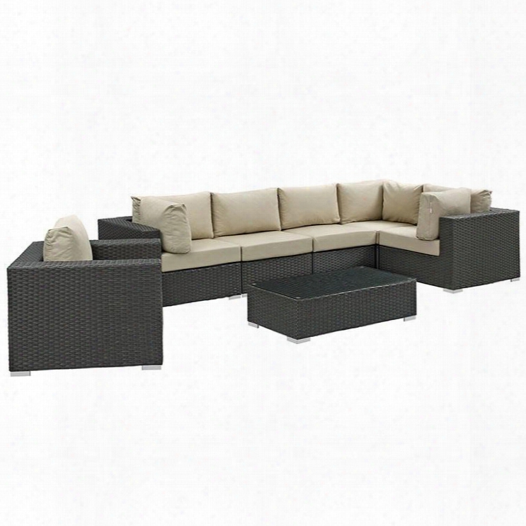 Sojourn Collection Eei-1878-chc-bei-set 7 Pc Outdoor Patio Sectional Set With Sunbrella Fabric Powder Coated Aluminum Frame And Synthetic Rattan Weave