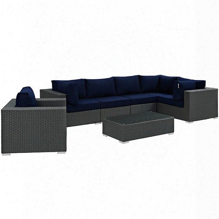 Sojourn Collection Eei-1878-chc-nav-set 7 Pc Outdoor Patio Sectional Set With Sunbrella Fabric Powder Coated Aluminum Frame And Synthetic Rattan Weave