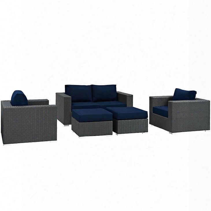 Sojourn Collection Eei-1879-chc-nav-set 5 Pc Outdoor Patio Sectional Set With Sunbrella Fabric Powder Coated Aluminum Frame Synthetic Rattan Weave Material