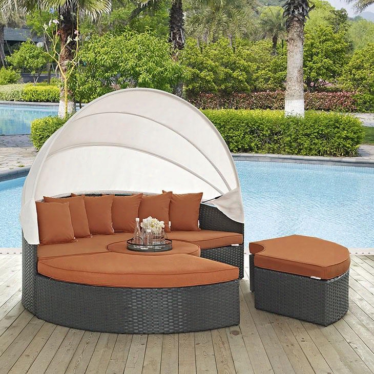 Sojourn Collection Eei-1986-chc-tus-set 86" Outdoor Patio Sunbrella Daybed With 6 Throw Pillows 2 Ottomans Retractable Canopy Coffee Table Synthetic Rattan