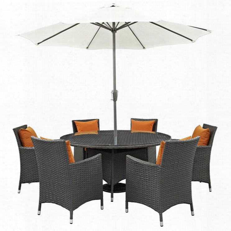 Sojourn Collection Eei-2270-chc-tus-set 8-piece Outdoor Patio Sunbrella Dining Set With 59" Round Dining Table Umbrella With Metal Pole And 6x Dining Arm