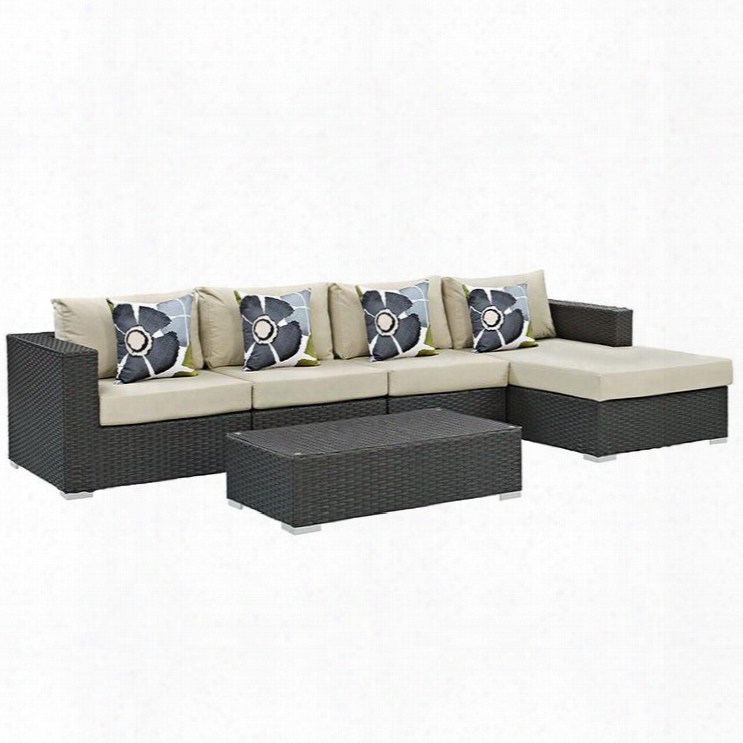 Sojourn Collection Eei-2382-chc-bei-set 5 Pc Outdoor Patio Sectional Set With Powder Coated Aluminum Frame Sunbrella Fabric Synthetic Rattan Weave Material