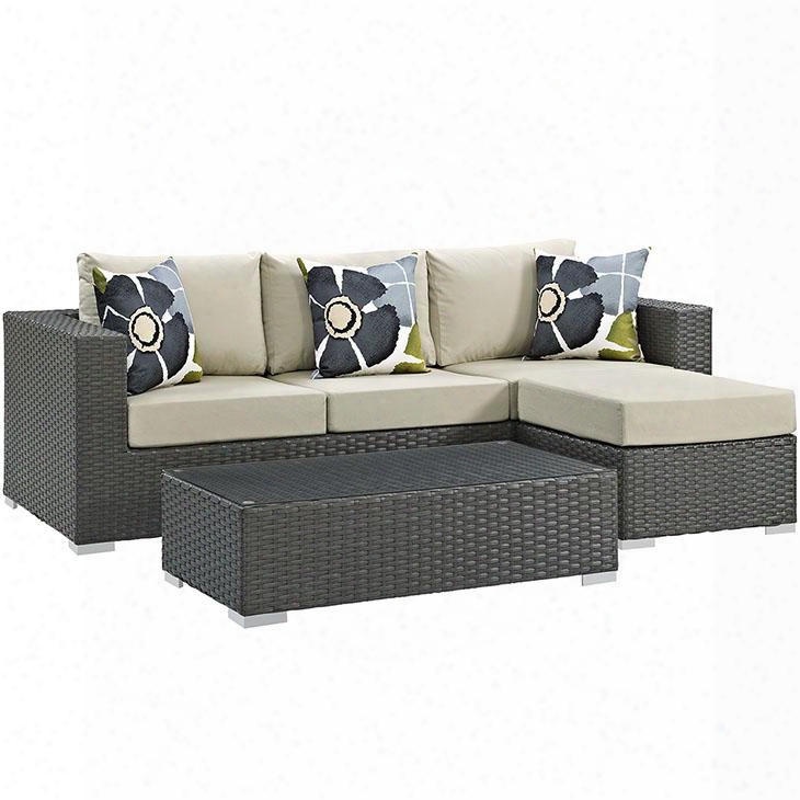 Sojourn Collection Eei-2384-chc-bei-set 3 Pc Outdoor Patio Sectional Set With Sunbrella Fabric Synthetic Rattan Weave Powder Coated Aluminum Frame Water