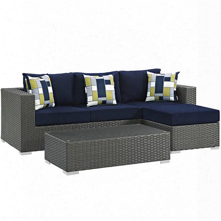 Sojourn Collection Eei-2384-chc-nav-set 3 Pc Outdoor Patio Sectional Set With Sunbrella Fabric Synthetic Rattan Weave Powder Coated Aluminum Frame Water