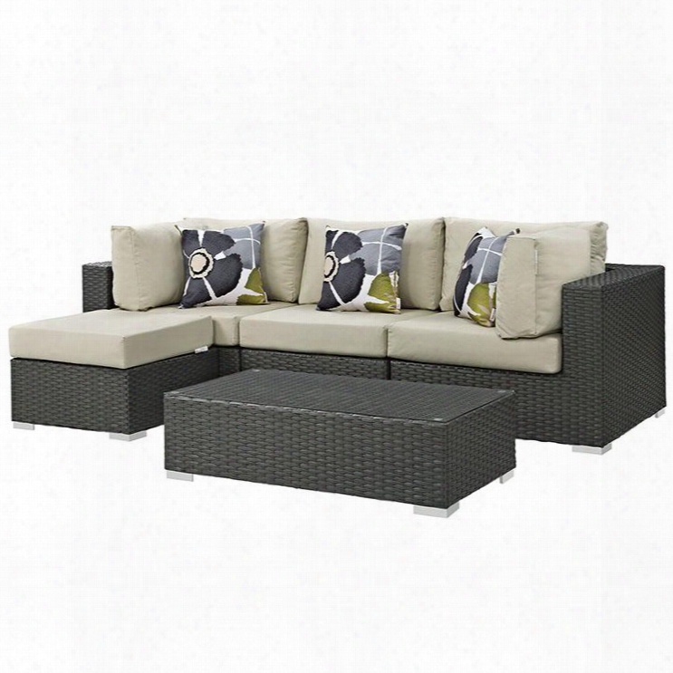 Sojourn Collection Eei-2385-chc-bei-set 5 Pc Outdoor Patio Sectional Set With Sunbrella Fabric Synthetic Rattan Weave Powder Coated Aluminum Frame Water