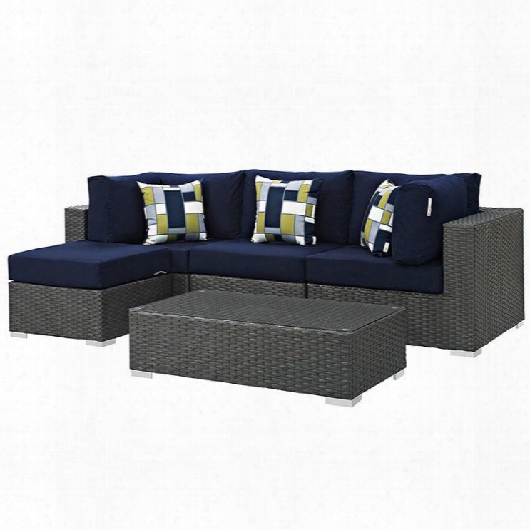 Sojourn Collection Eei-2385-chc-nav-set 5 Pc Outdoor Patio Sectional Set With Sunbrella Fabric Synthetic Rattan Weave Powder Coated Aluminum Frame Water