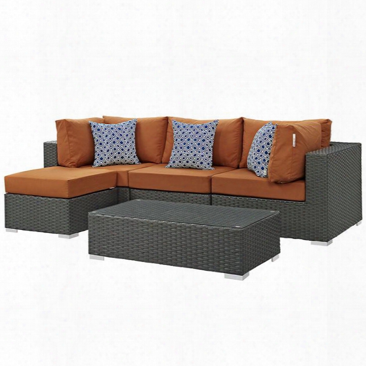 Sojourn Collection Eei-2385-chc-tus-set 5 Pc Outdoor Patio Sectional Set With Sunbrella Fabric Synthetic Rattan Weave Powder Coated Apuminum Frame Water