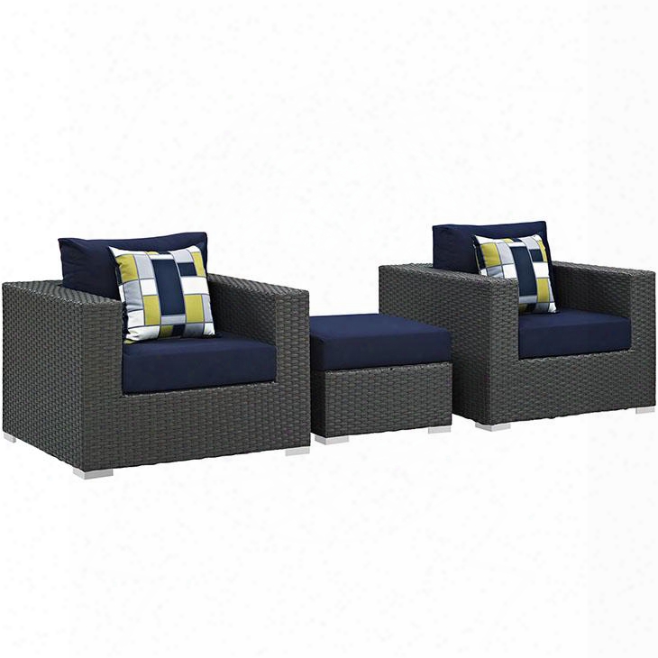 Sojourn Collection Eei-2386-chc-nav-set 3 Pc Outdoor Patio Sectional Set With Sunbrella Fabric Synthetic Rattan Weave Powder Coate Aluminum Frame Water