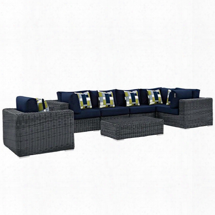 Summon Collection 7 Pc Outdoor Patio Sectional Set With Sunbrella Fabric Round Synthetic Rattan Weave Powder Coa Ted Aluminum Frame And Uv Resistant In Canvas