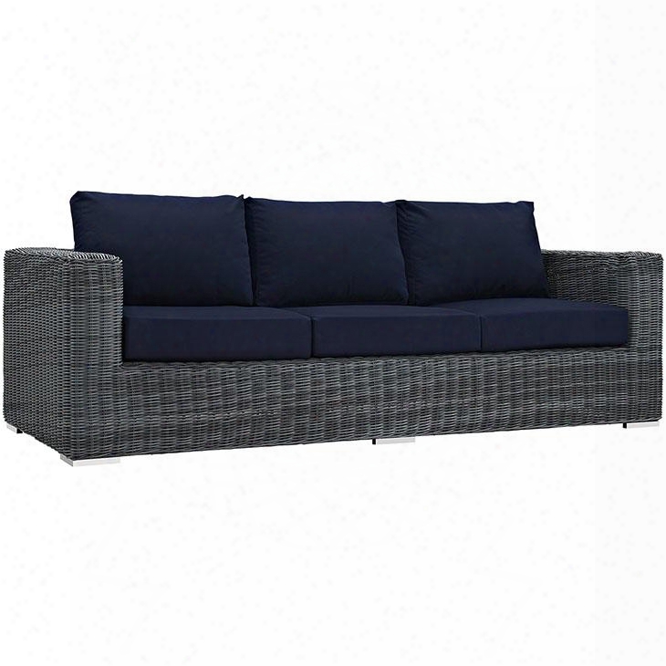 Summon Collection Eei-1874-gry-nav 89" Outdoor Patio Sofa With Sunbrella Farbic Round Synthetic Rattan Weave Powder Coated Aluminum Frame Water And Uv