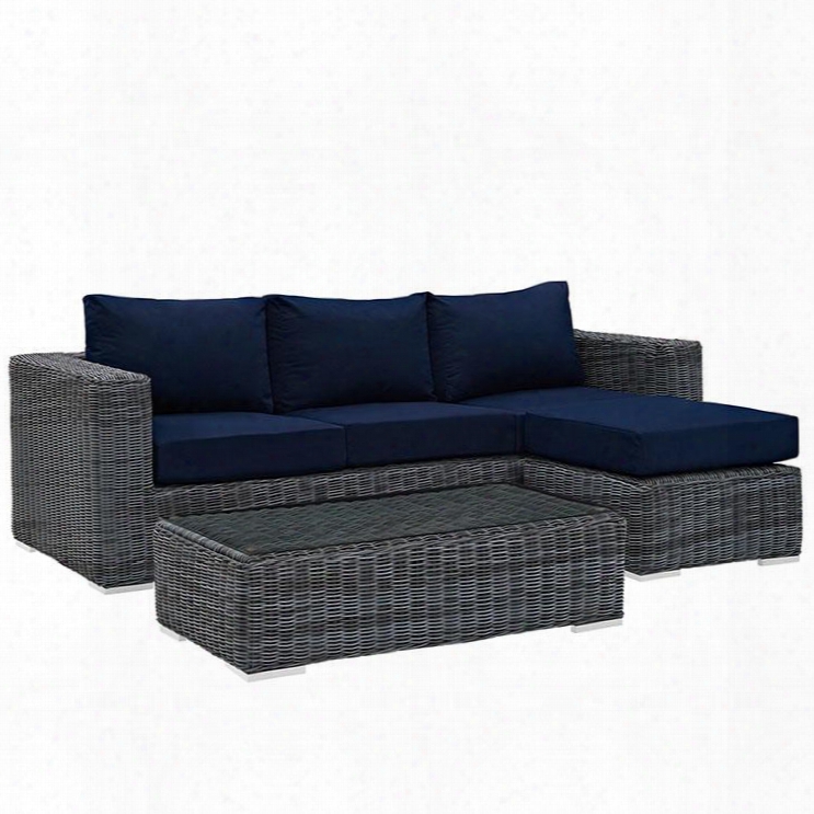 Summon Collection Eei-1903-gry-nav-set 3 Pc Outdoor Patio Sectional Set With Sunbrella Fabric Powder Coated Aluminum Frame Synthetic Rattan Weave Material