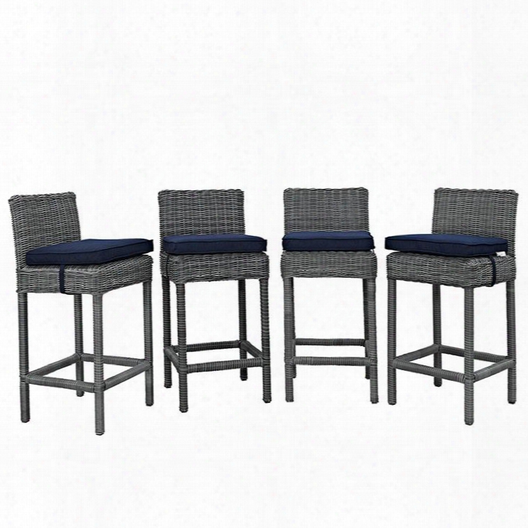 Summon Collection Eei-2198-gry-nav-set Set Of 4 40" Outdoor Patio Bar Stool With Sunbrella Fabric Synthetic Rattan Weave Powder Coated Aluminum Frame Water