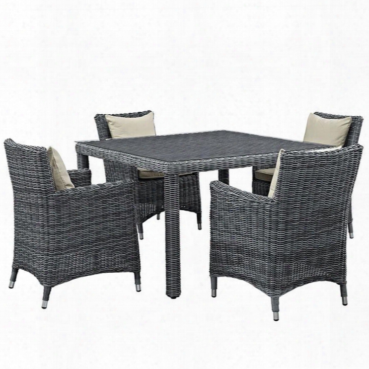 Summon Collection Eei-2316-gry-bei-set 5 Pc Outdoor Patio Dining Set With Sunbrella Fabric Synthetic Rattan Weave Powder Coated Aluminum Frame Water & Uv