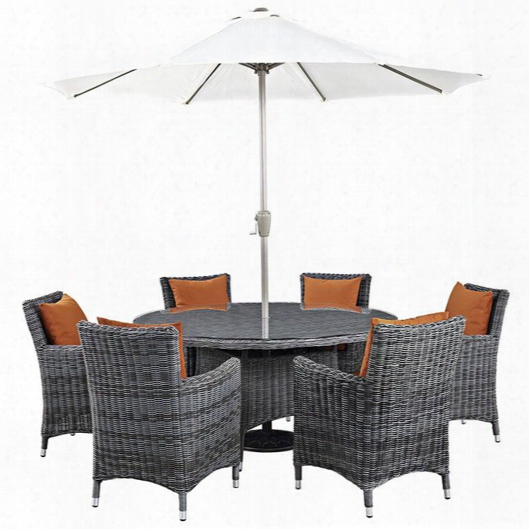 Summon Collection Eei-2329-gry-tus-set 8-piece Outdoor Patio Sunbrella Dining Set With Umbrella & Pole Round Dining Table And 6 Armchairs In Canvas