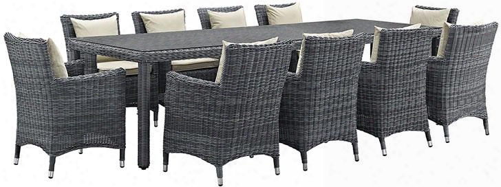 Summmon Collection Eei-2332-gry-bei-set 11 Pc Outdoor Patio Dining Set With Synthetic Rattan Weave Material Powder Coated Aluminum Frame And Sunbrella Fabric