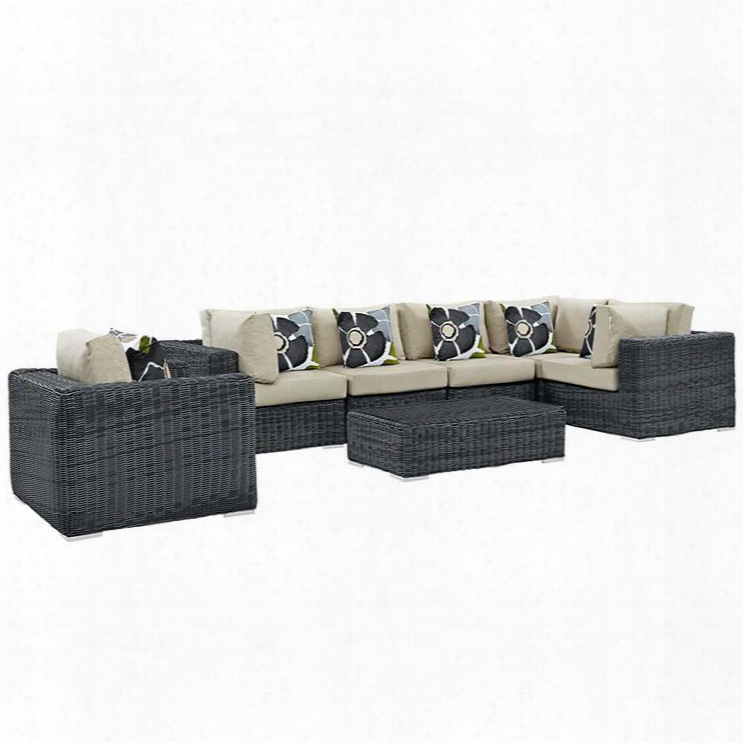 Summon Collection Eei-2387-gry-bei-set 7 Pc Outdoor Patio Sectional Set With Sunbrella Fabric Round Synthetic Rattan Weave Powder Coated Aluminum Frame And