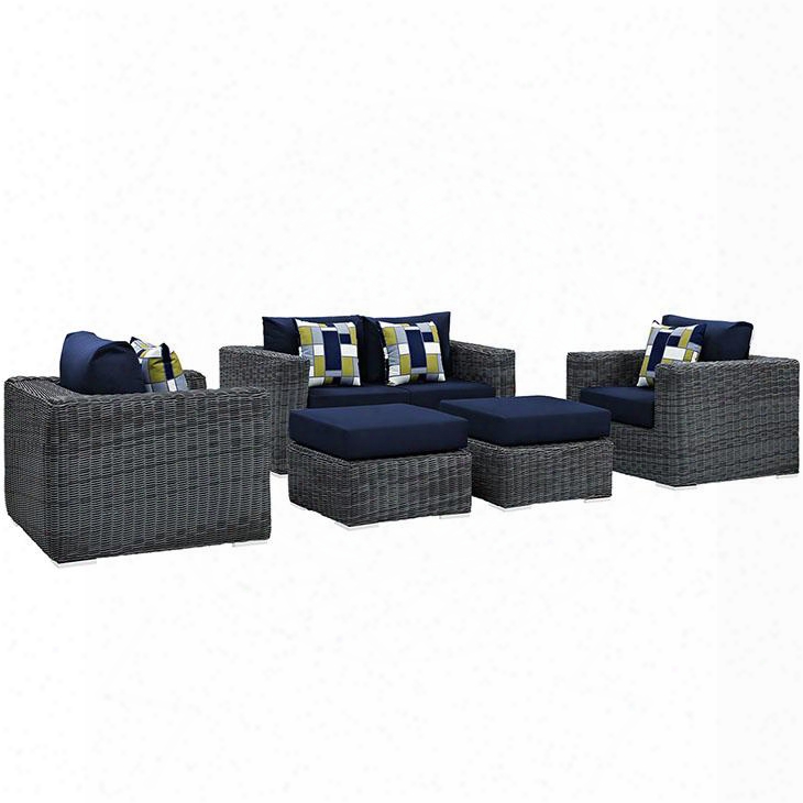 Summon Collection Eei-2388-gry-nav-set 5 Pc Outdoor Patio Sectional Set With Sunbrella Fabric Powder Coated Aluminum Frame Water Resistant And Synthetic