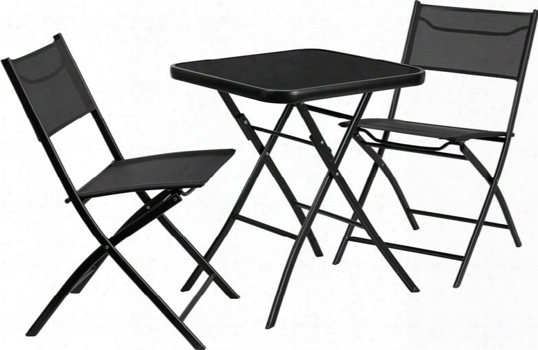 Tlh-137-sq-gg 23" Patio Set With 5mm Thick Tempered Glass Top 2 Textilene Fabric Folding Chairs Carrying Handle Bar And Powder Coat Finish In Black